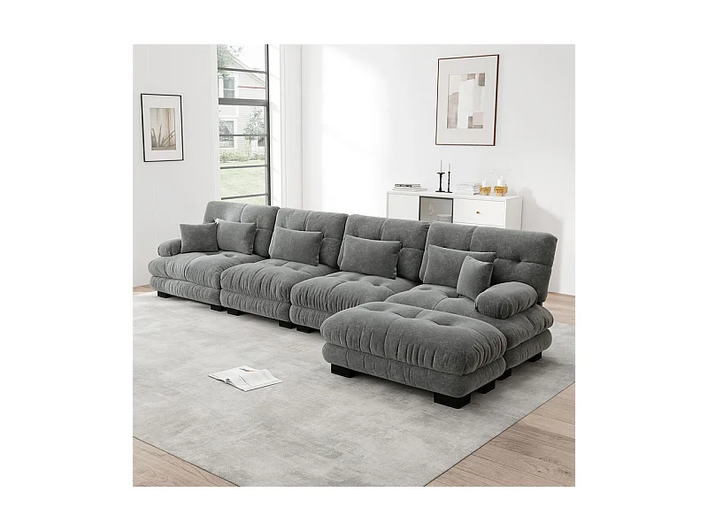 Hoekbank 4-zits van Chenille stof, met 6 kussens, verwijderbare poef, DIY-combinatie, 406x145x81cm, Beige