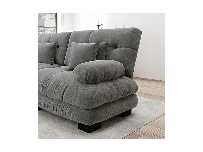 Hoekbank 4-zits van Chenille stof, met 6 kussens, verwijderbare poef, DIY-combinatie, 406x145x81cm, Beige