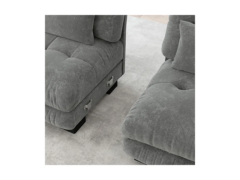 Hoekbank 4-zits van Chenille stof, met 6 kussens, verwijderbare poef, DIY-combinatie, 406x145x81cm, Beige