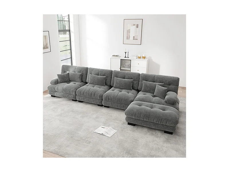 Canapé 4 places d'angle en tissu chenille, avec 6 oreillers, pouf amovible, combinaison DIY, 406x145x81cm, Beige