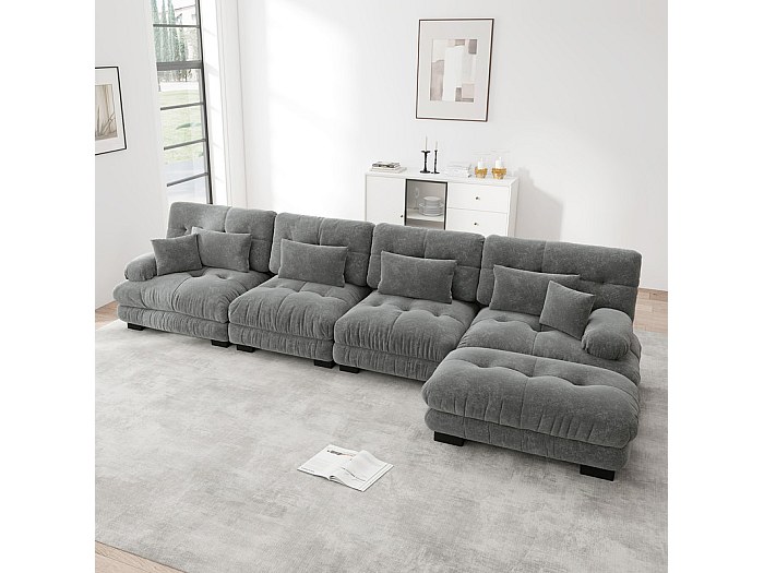 Divano Angolare NUBES Grigio Chiaro, In Ciniglia Con Cuscini. Imbottito, Look Skandi, Dimensioni 280x65x160 Cm. Perfetto Per Il Soggiorno. - 3