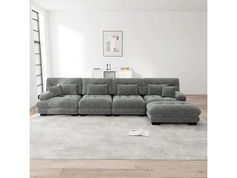 Canapé 4 places d'angle en tissu chenille, avec 6 oreillers, pouf amovible, combinaison DIY, 406x145x81cm, Beige