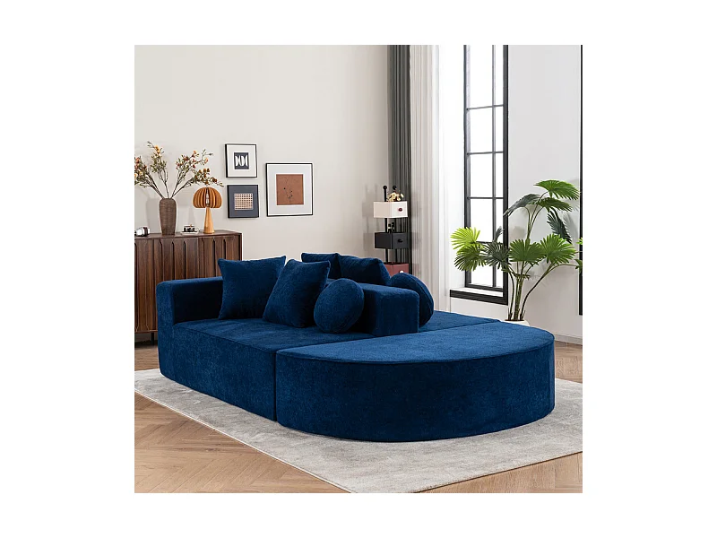 Canapé 5 places panoramique modulable - en tissu Chenille bleu - avec 6 oreillers - 263x171x66cm