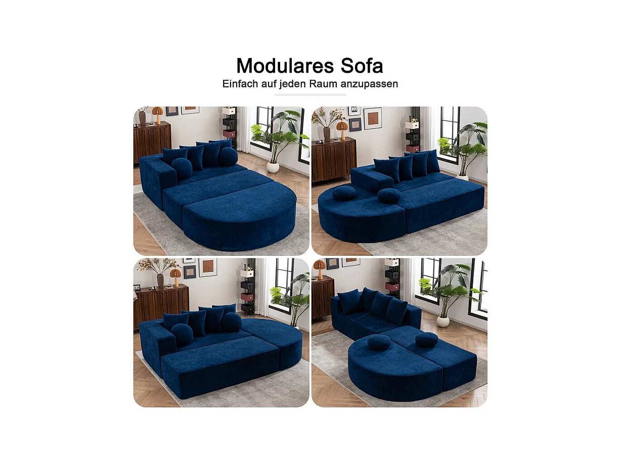 Canapé 5 places panoramique modulable - en tissu Chenille bleu - avec 6 oreillers - 263x171x66cm