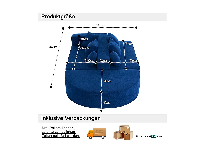 Canapé 5 places panoramique modulable - en tissu Chenille bleu - avec 6 oreillers - 263x171x66cm