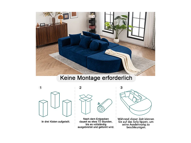 Canapé 5 places panoramique modulable - en tissu Chenille bleu - avec 6 oreillers - 263x171x66cm