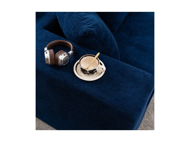 Canapé 5 places panoramique modulable - en tissu Chenille bleu - avec 6 oreillers - 263x171x66cm