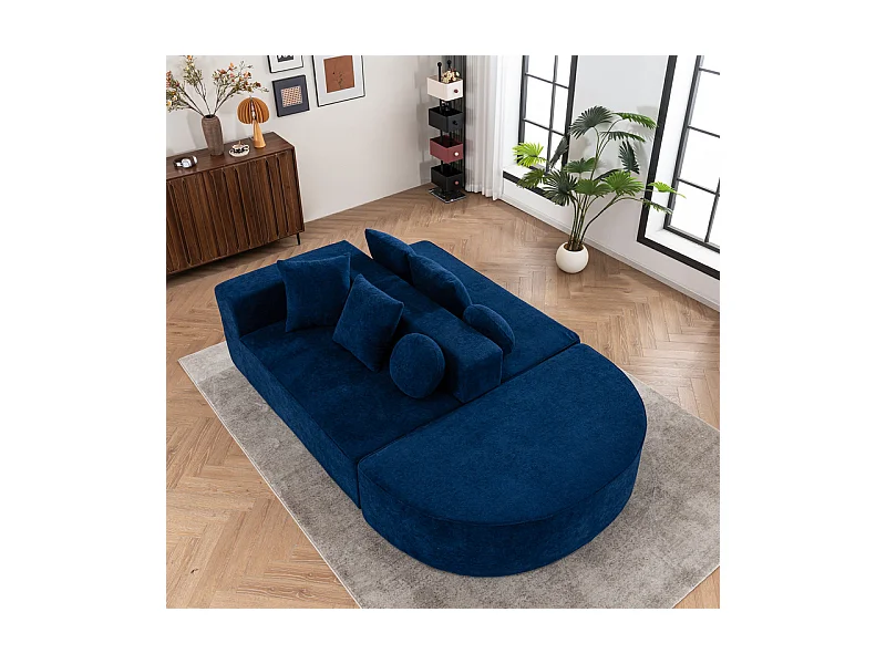 Canapé 5 places panoramique modulable - en tissu Chenille bleu - avec 6 oreillers - 263x171x66cm