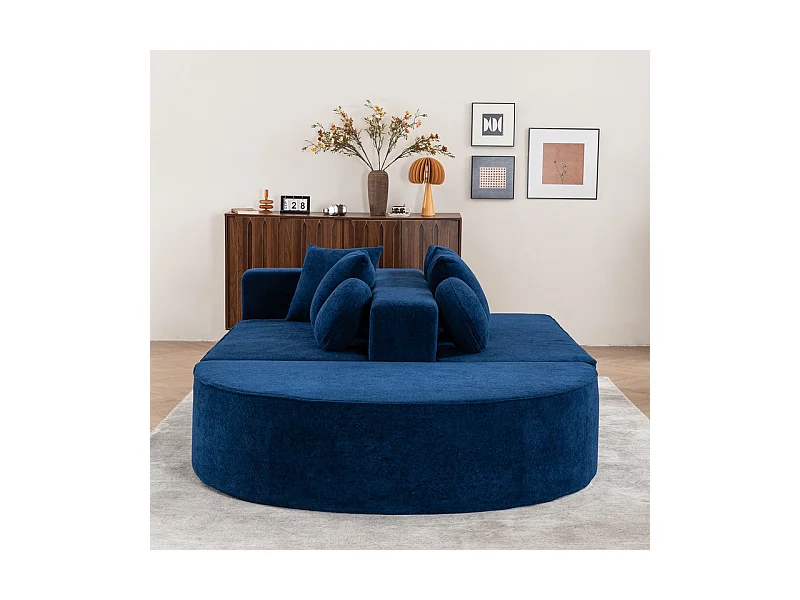 Canapé 5 places panoramique modulable - en tissu Chenille bleu - avec 6 oreillers - 263x171x66cm