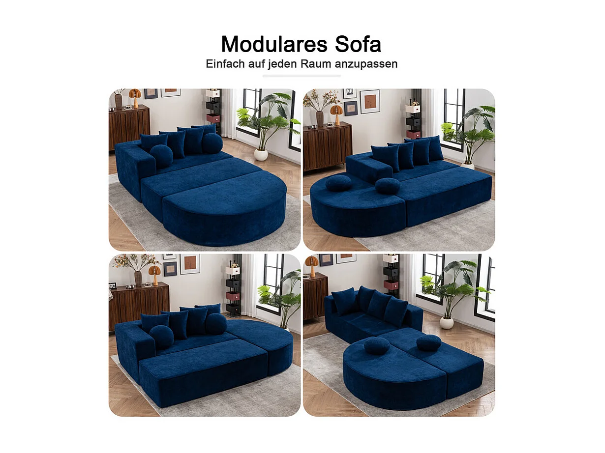 Sofá panorámico 5 plazas modular - de tejido Chenilla azul - con 6 cojines - 263x171x66cm
