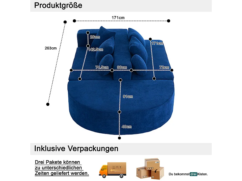 Sofá panorámico 5 plazas modular - de tejido Chenilla azul - con 6 cojines - 263x171x66cm