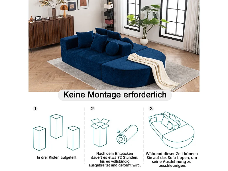 Sofá panorámico 5 plazas modular - de tejido Chenilla azul - con 6 cojines - 263x171x66cm