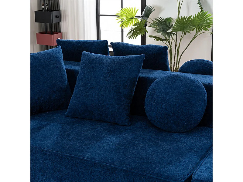 Sofá panorámico 5 plazas modular - de tejido Chenilla azul - con 6 cojines - 263x171x66cm
