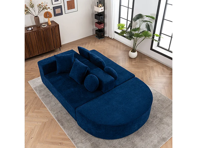 Sofá panorámico 5 plazas modular - de tejido Chenilla azul - con 6 cojines - 263x171x66cm
