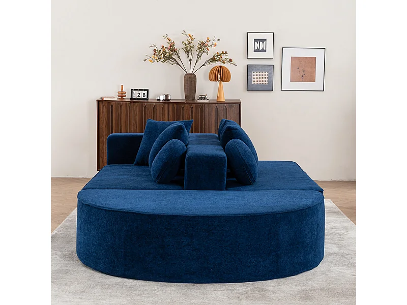 Sofá panorámico 5 plazas modular - de tejido Chenilla azul - con 6 cojines - 263x171x66cm