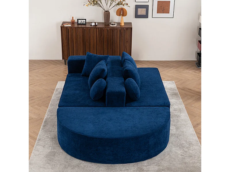 Sofá panorámico 5 plazas modular - de tejido Chenilla azul - con 6 cojines - 263x171x66cm
