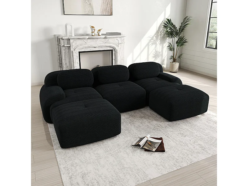 Canapé 3 places d'angle modulable - en Velours côtelé - avec 3 oreillers et 2 pouf - 298x178x75cm - Noir