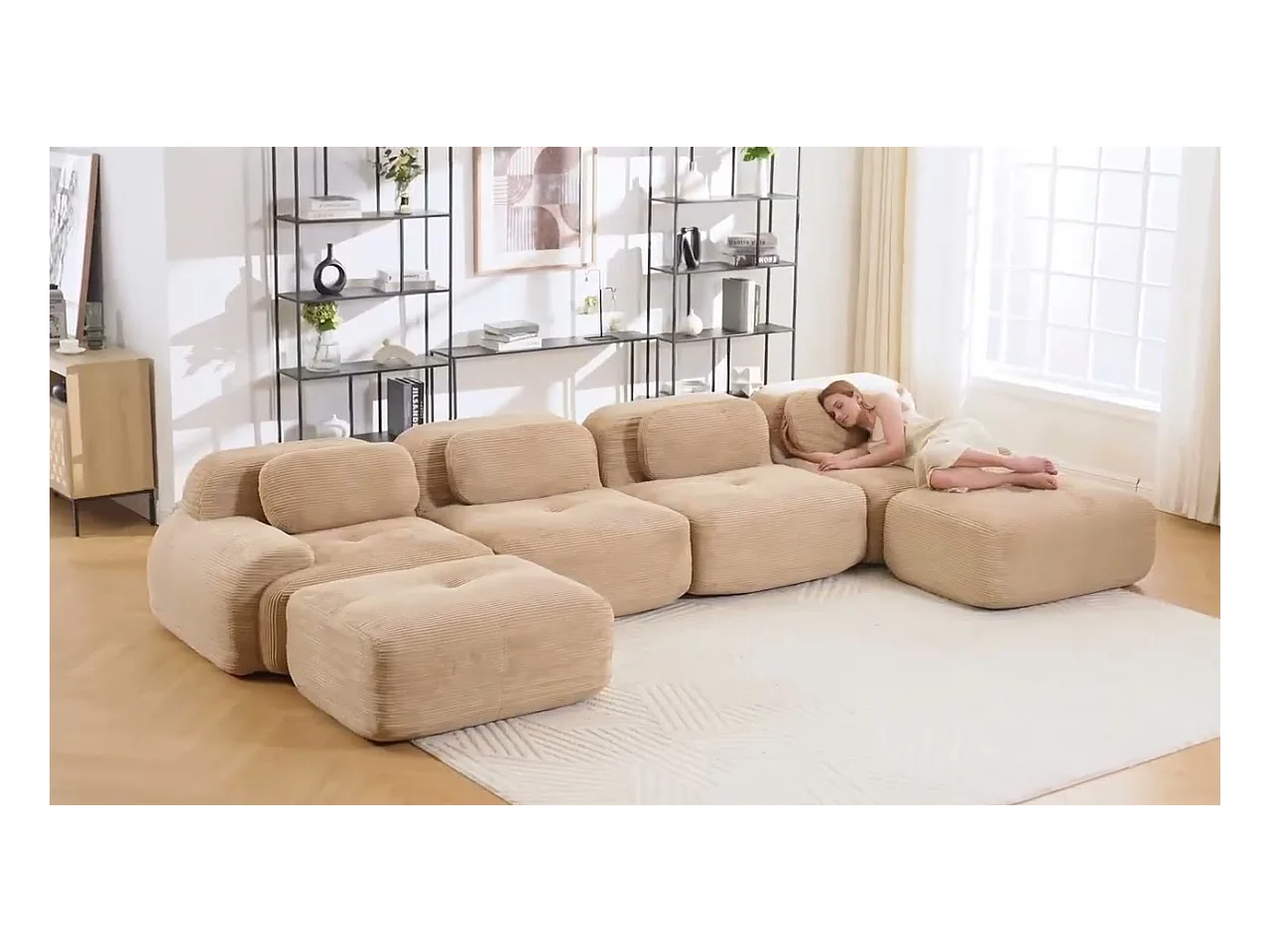 Canapé 3 places d'angle modulable - en Velours côtelé - avec 3 oreillers et 2 pouf - 298x178x75cm - Noir