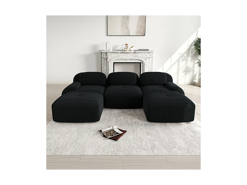 Sofá angular modular 3 lugares - de Veludo cotelê - com 3 almofadas e 2 puffs - 298x178x75cm - Preto