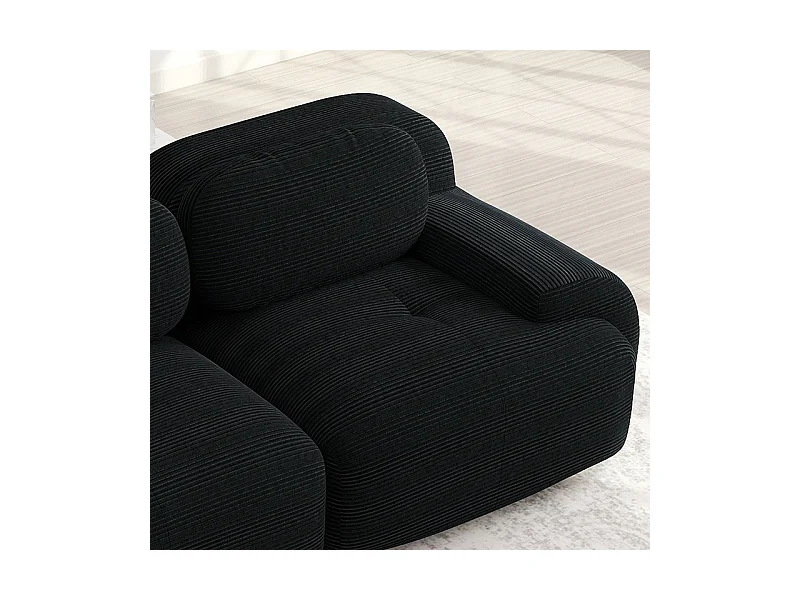Sofá angular modular 3 lugares - de Veludo cotelê - com 3 almofadas e 2 puffs - 298x178x75cm - Preto
