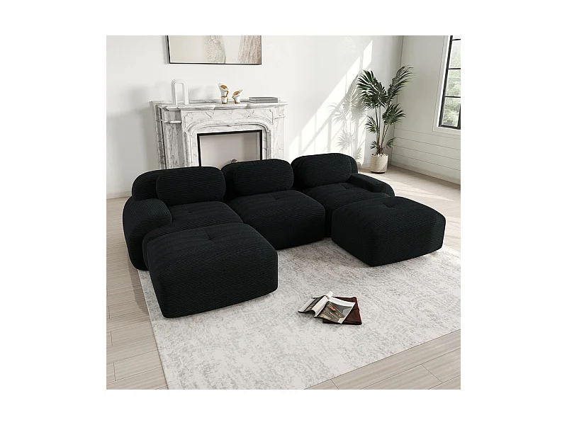 Canapé 3 places d'angle modulable - en Velours côtelé - avec 3 oreillers et 2 pouf - 298x178x75cm - Noir