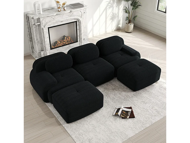 Sofá angular 3 plazas modular - de Pana - con 3 cojines y 2 otomanas - 298x178x75cm - Negro