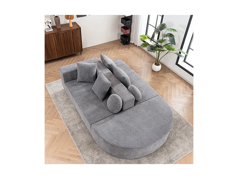 Canapé 5 places panoramique modulable - en tissu Chenille gris - avec 6 oreillers - 263x171x66cm