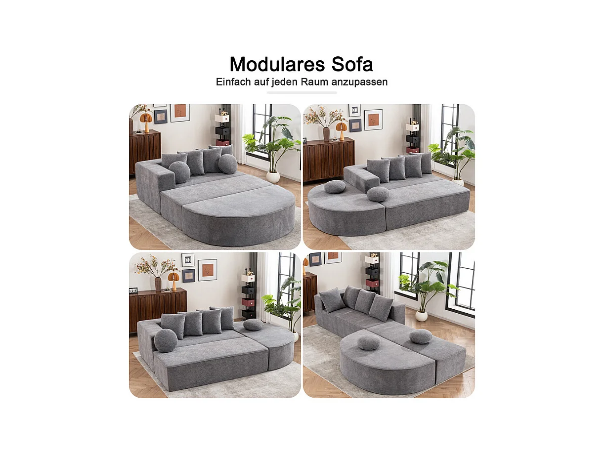 Canapé 5 places panoramique modulable - en tissu Chenille gris - avec 6 oreillers - 263x171x66cm