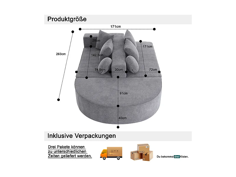 Canapé 5 places panoramique modulable - en tissu Chenille gris - avec 6 oreillers - 263x171x66cm