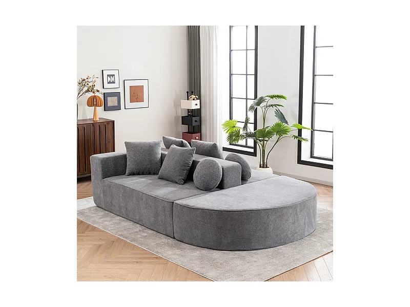 Canapé 5 places panoramique modulable - en tissu Chenille gris - avec 6 oreillers - 263x171x66cm