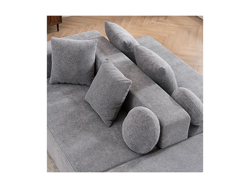 Canapé 5 places panoramique modulable - en tissu Chenille gris - avec 6 oreillers - 263x171x66cm