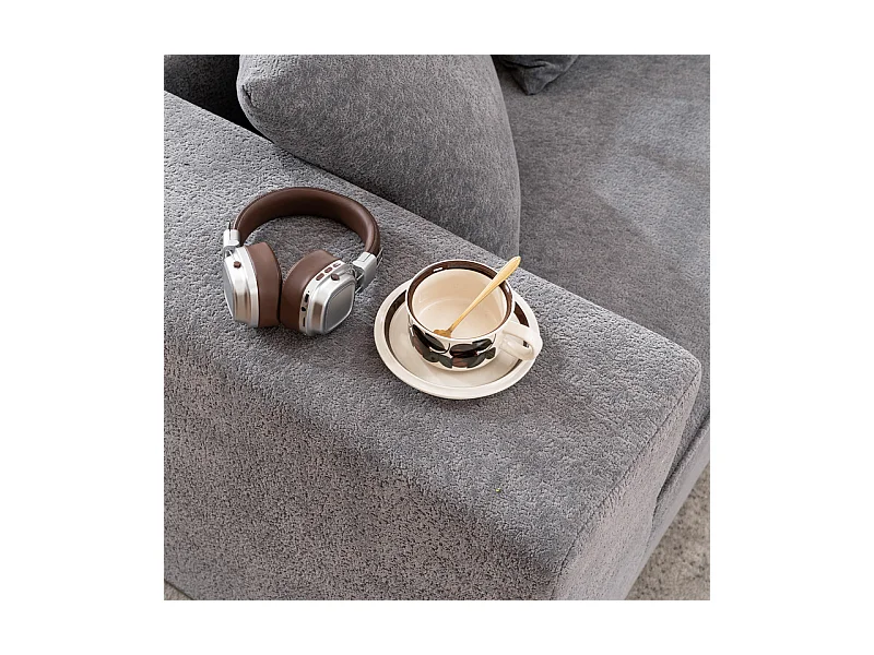 Canapé 5 places panoramique modulable - en tissu Chenille gris - avec 6 oreillers - 263x171x66cm