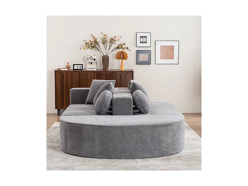 Canapé 5 places panoramique modulable - en tissu Chenille gris - avec 6 oreillers - 263x171x66cm