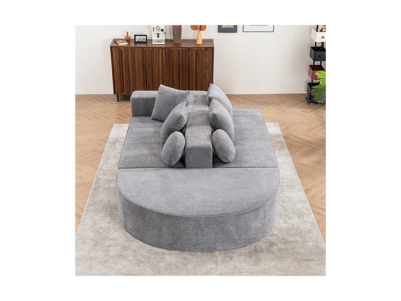 Canapé 5 places panoramique modulable - en tissu Chenille gris - avec 6 oreillers - 263x171x66cm