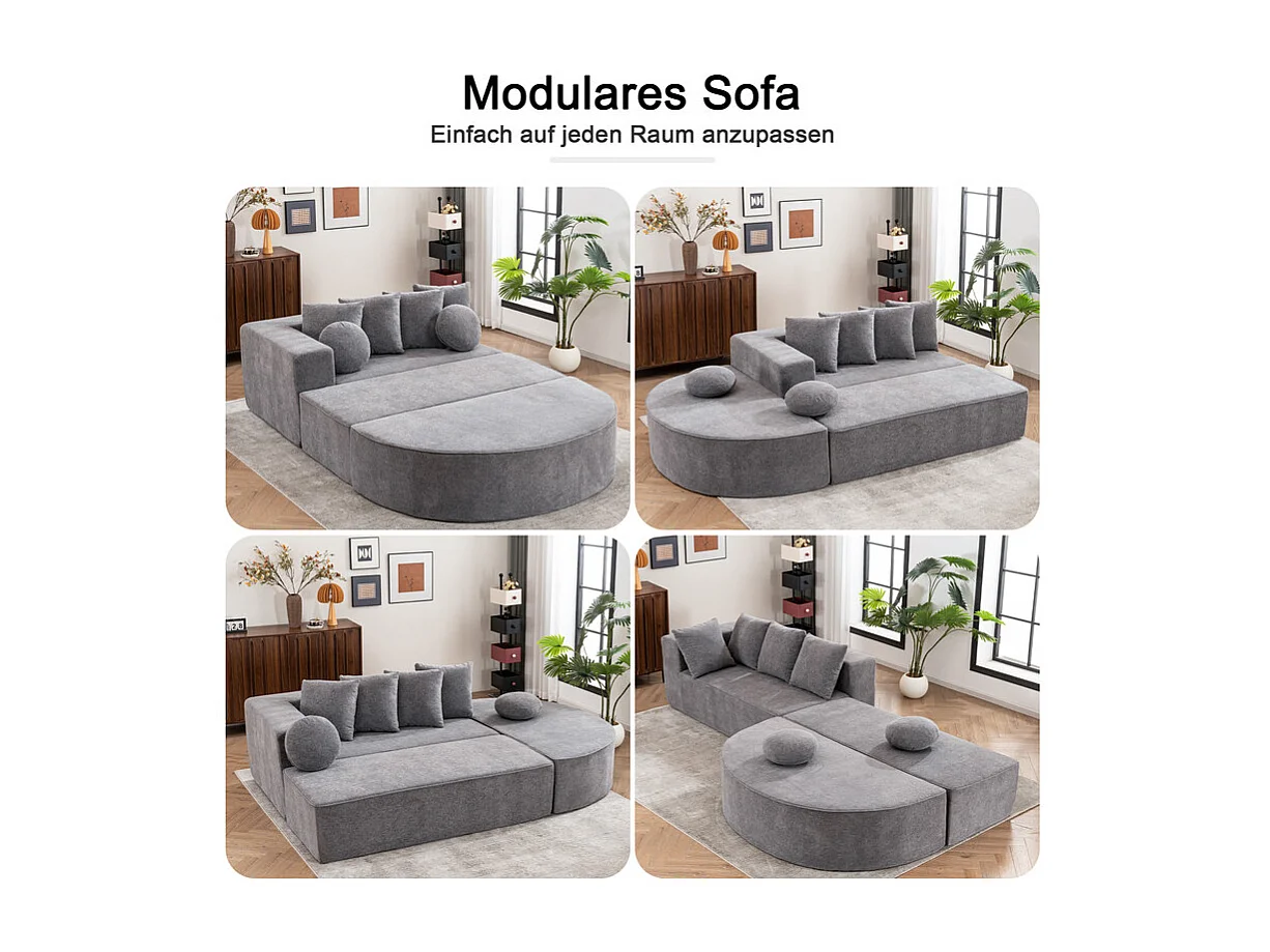 Modulaire panoramische bank 5-zits - van Chenille stof grijs - met 6 kussens - 263x171x66cm