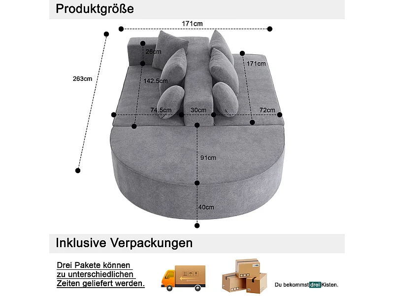 Modulaire panoramische bank 5-zits - van Chenille stof grijs - met 6 kussens - 263x171x66cm