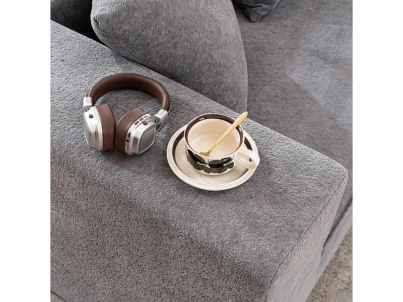 Modulaire panoramische bank 5-zits - van Chenille stof grijs - met 6 kussens - 263x171x66cm