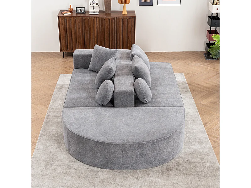 Modulaire panoramische bank 5-zits - van Chenille stof grijs - met 6 kussens - 263x171x66cm