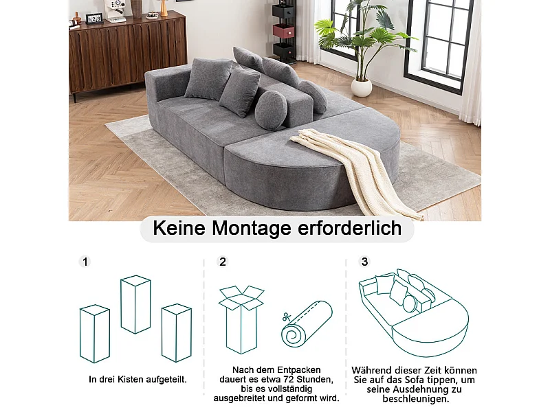 Modulaire panoramische bank 5-zits - van Chenille stof grijs - met 6 kussens - 263x171x66cm