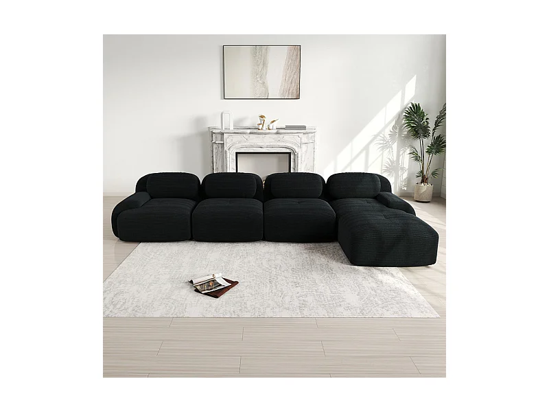 Sofá angular modular 4 lugares - de Veludo cotelê - com 4 almofadas e puff - 388x178x75cm - Preto