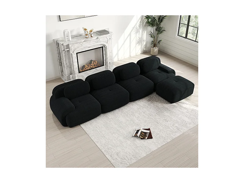 Sofá angular modular 4 lugares - de Veludo cotelê - com 4 almofadas e puff - 388x178x75cm - Preto