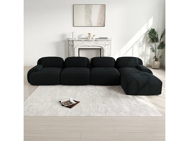 Canapé 4 places d'angle modulable - en Velours côtelé - avec 4 oreillers et pouf - 388x178x70cm - Noir