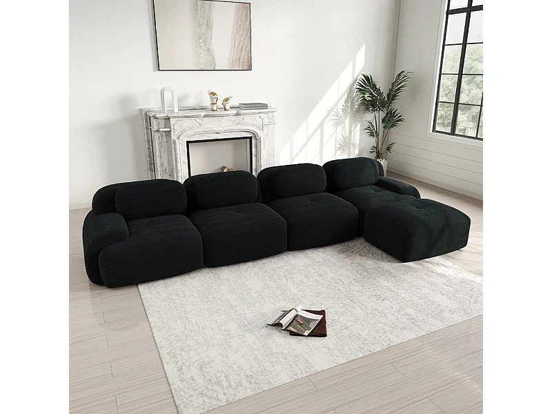 Canapé 4 places d'angle modulable - en Velours côtelé - avec 4 oreillers et pouf - 388x178x70cm - Noir