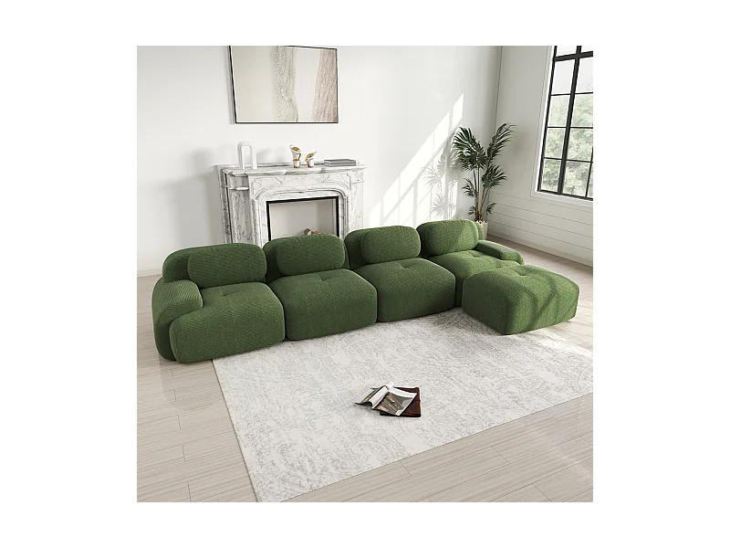 Canapé 4 places d'angle modulable - en Velours côtelé - avec 4 oreillers et pouf - 388x178x75cm - Vert