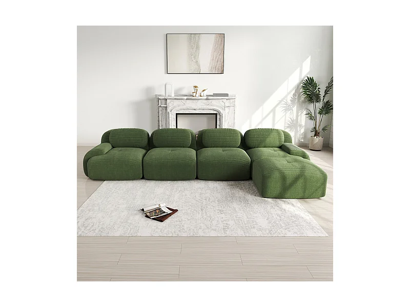 Canapé 4 places d'angle modulable - en Velours côtelé - avec 4 oreillers et pouf - 388x178x75cm - Vert