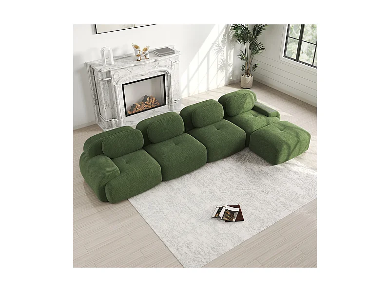 Canapé 4 places d'angle modulable - en Velours côtelé - avec 4 oreillers et pouf - 388x178x75cm - Vert