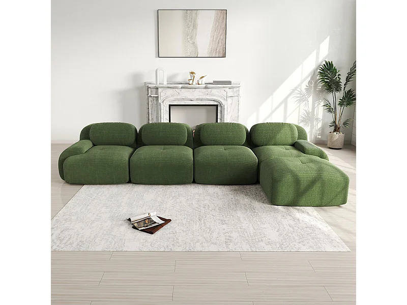 Canapé 4 places d'angle modulable - en Velours côtelé - avec 4 oreillers et pouf - 388x178x70cm - Vert
