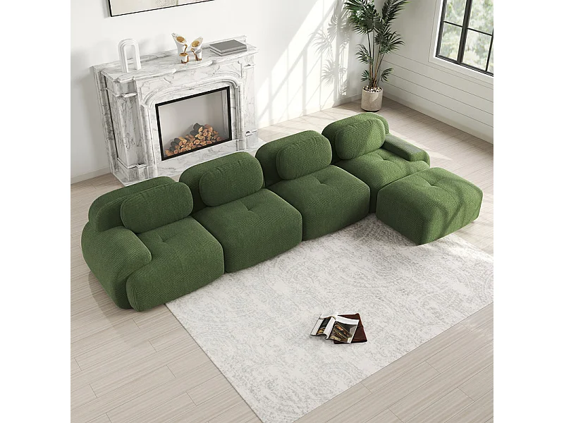Canapé 4 places d'angle modulable - en Velours côtelé - avec 4 oreillers et pouf - 388x178x70cm - Vert