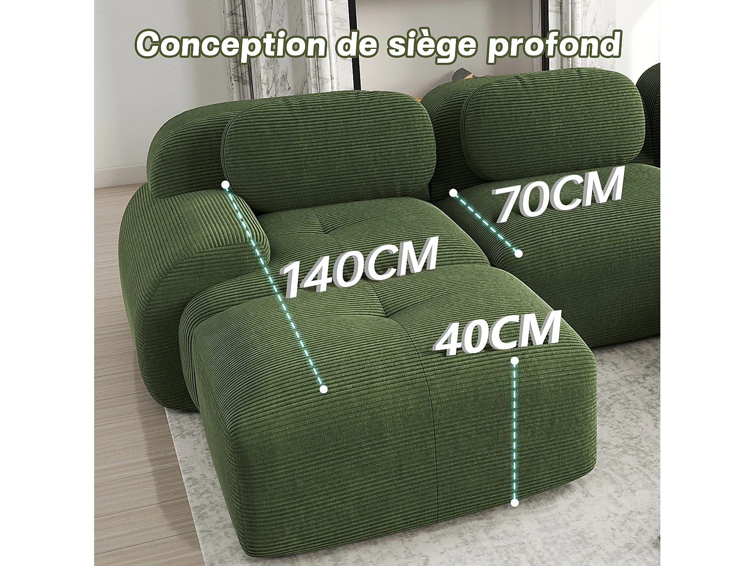 Canapé 4 places d'angle modulable - en Velours côtelé - avec 4 oreillers et pouf - 388x178x70cm - Vert