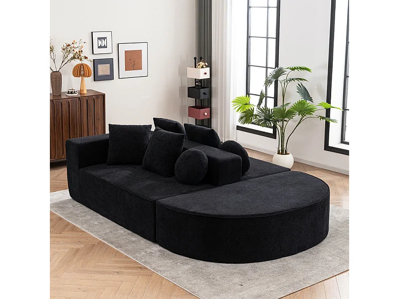Sofá panorâmico modular 5 lugares - de tecido Chenille preto - com 6 almofadas - 263x171x66cm